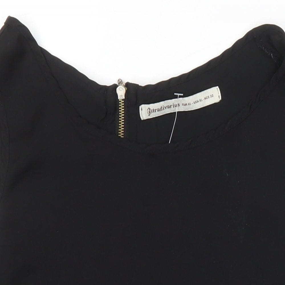 Stradivarius Womens Black Herringbone Cotton Blend Tunic Blouse Size XL Round Neck
