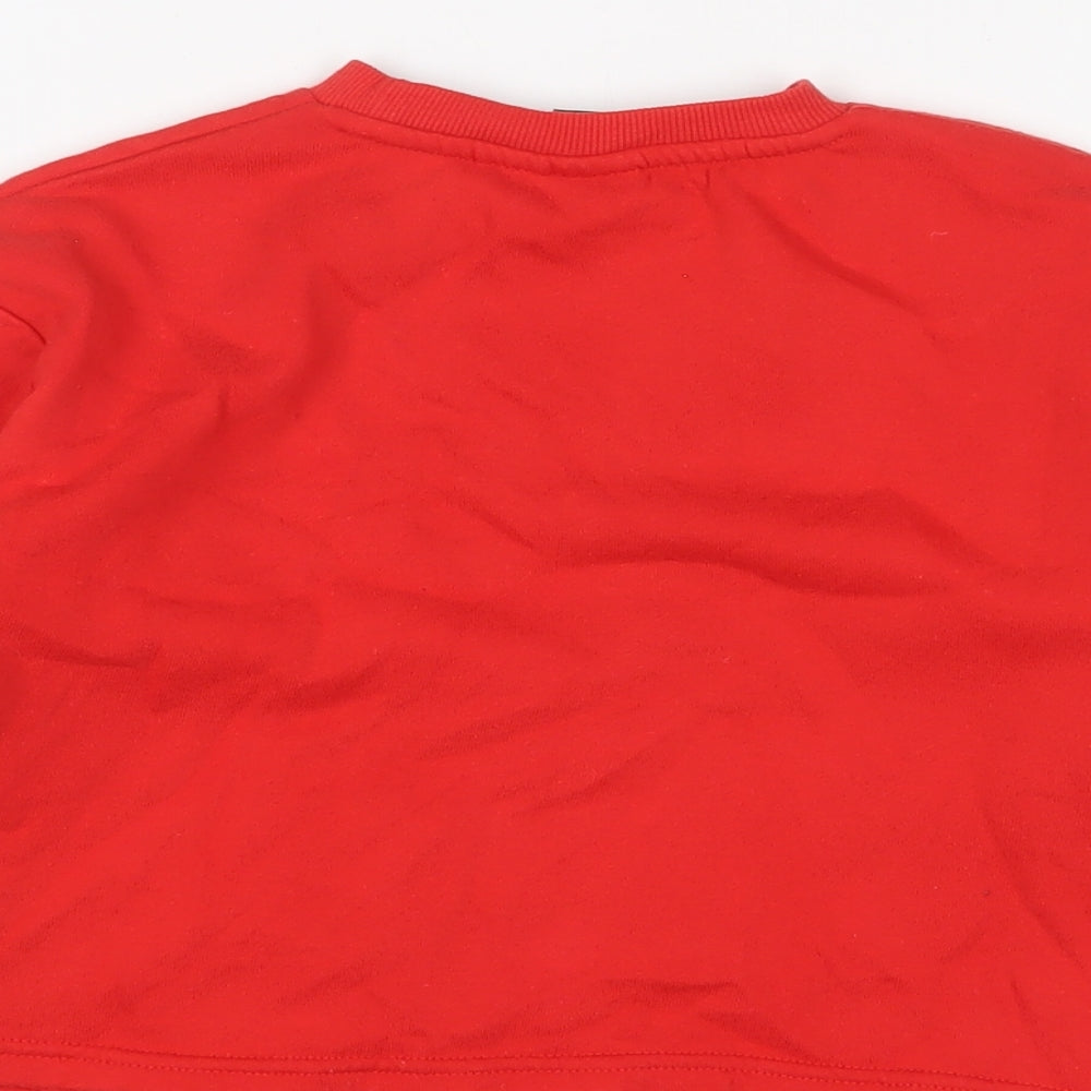 Brand and care label for Mickey Mouse girls’ red cotton pullover sweatshirt, size 9-10, years pullover