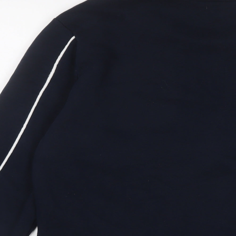 Brand and care label for Closure men’s blue cotton pullover sweatshirt, size S