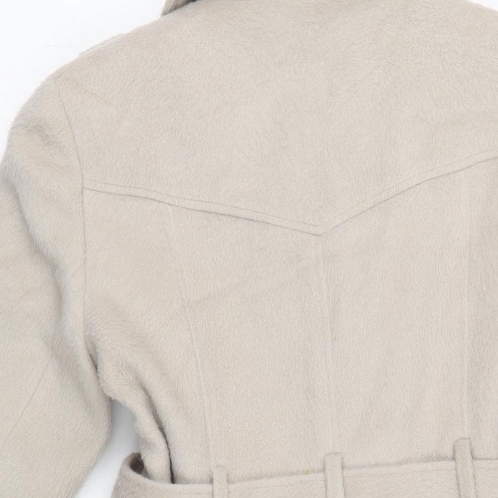 Brand and care label for Atmosphere women’s beige overcoat coat, size UK 12, button