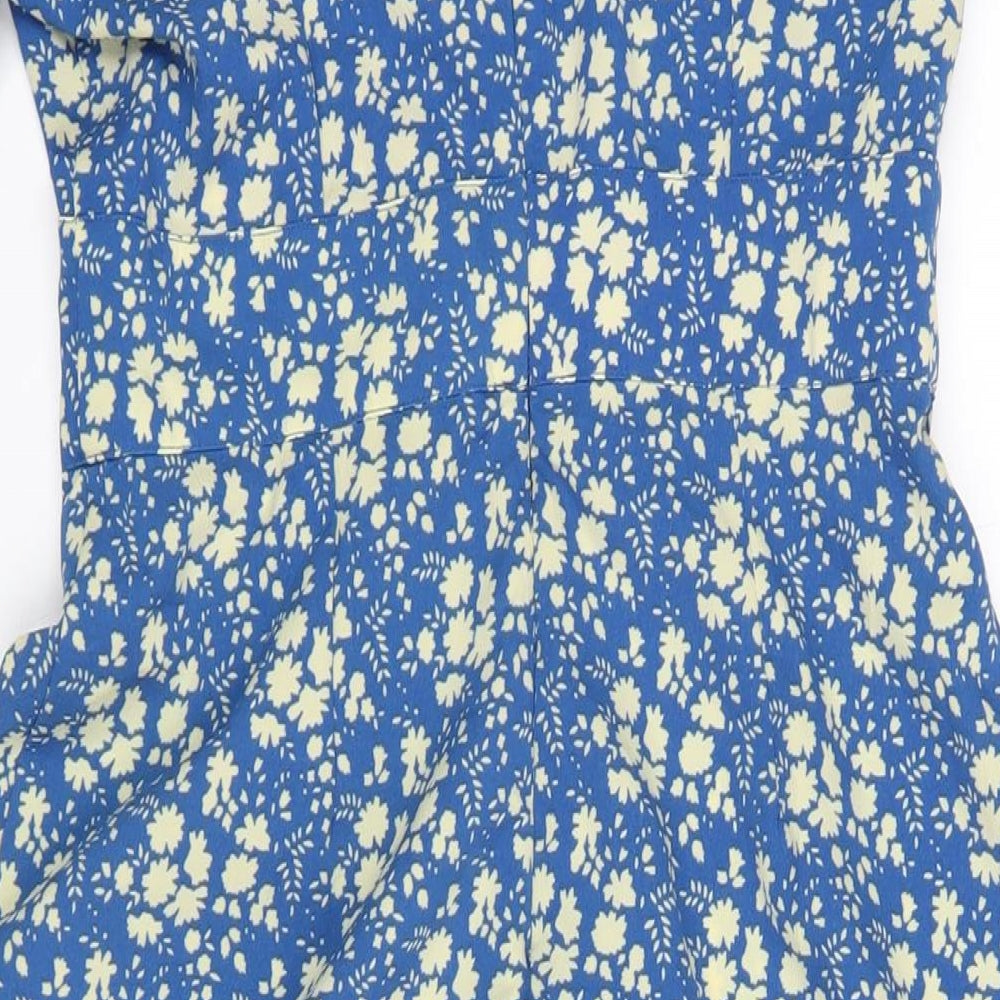 Brand and care label for ASOS women’s blue polyester a-line, size UK 12, round neck zip