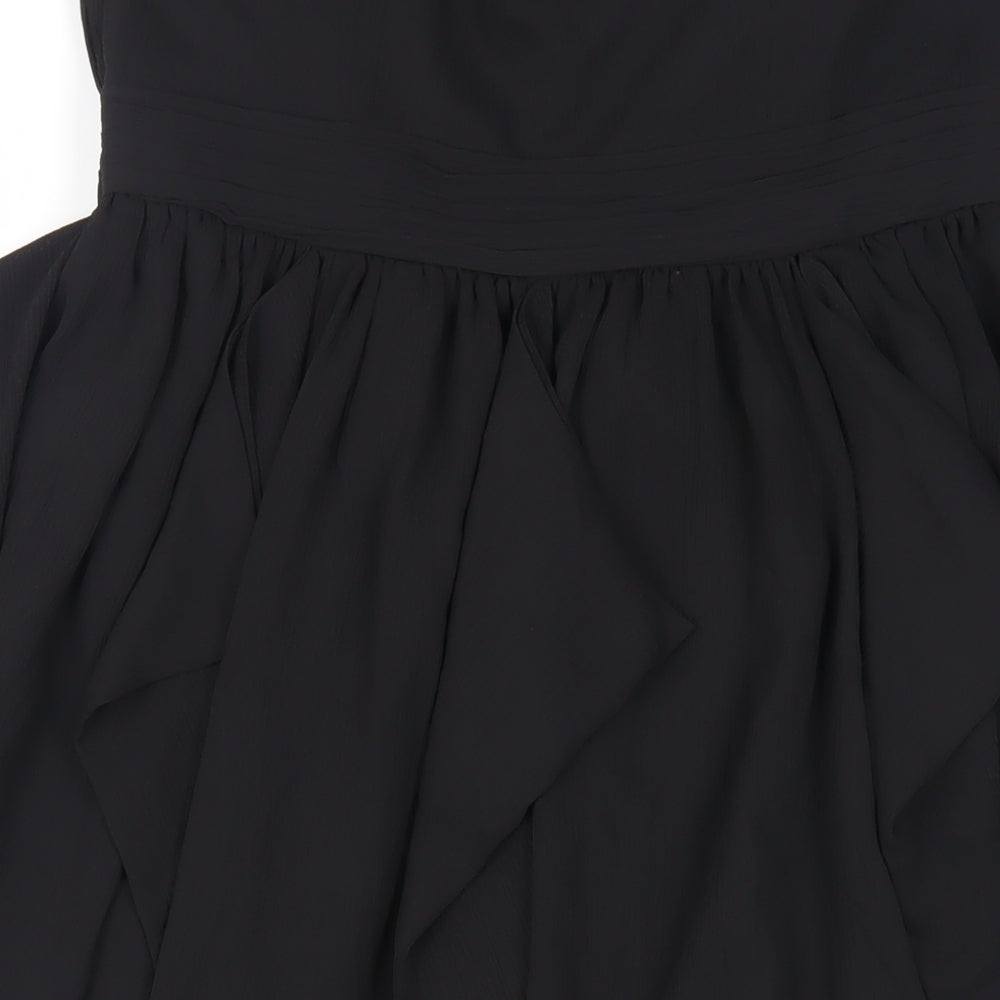 Brand and care label for ASOS women’s black polyester a-line, size UK 12, sweetheart zip - strapless