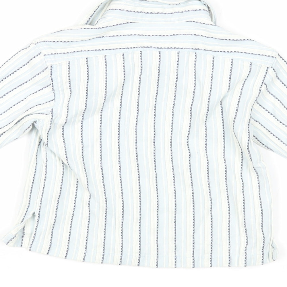 Brand and care label for Monsoon Baby Blue Striped Cotton Basic Blouse, size 6-9, Months Collared Snap