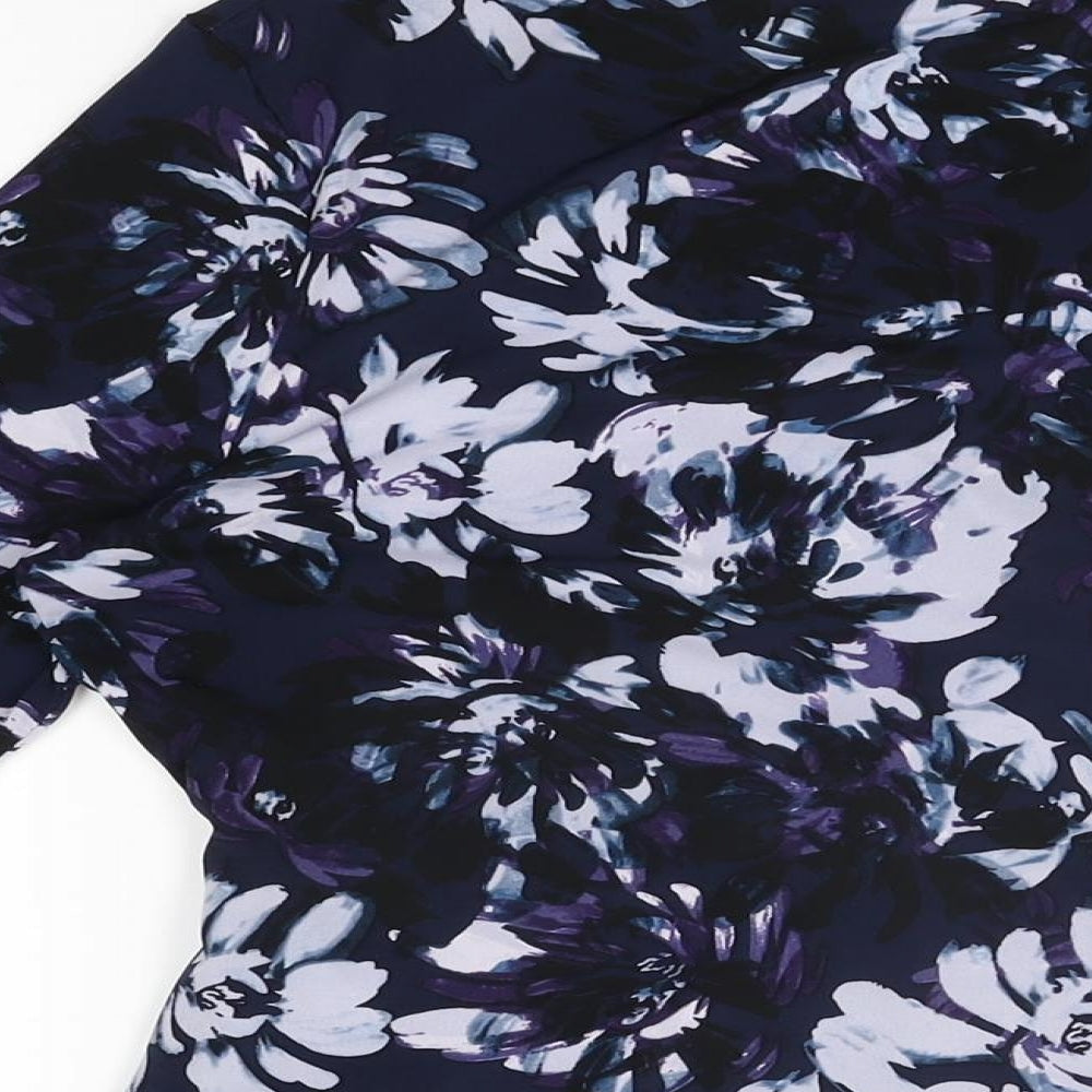 Brand and care label for Kaliko women’s blue floral polyester basic t-shirt, size UK 10, v-neck