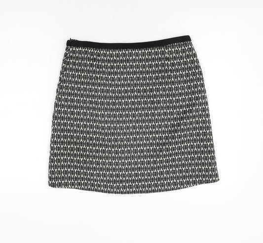 Wallis Womens Black Geometric Cotton A-Line Skirt Size 10 Zip