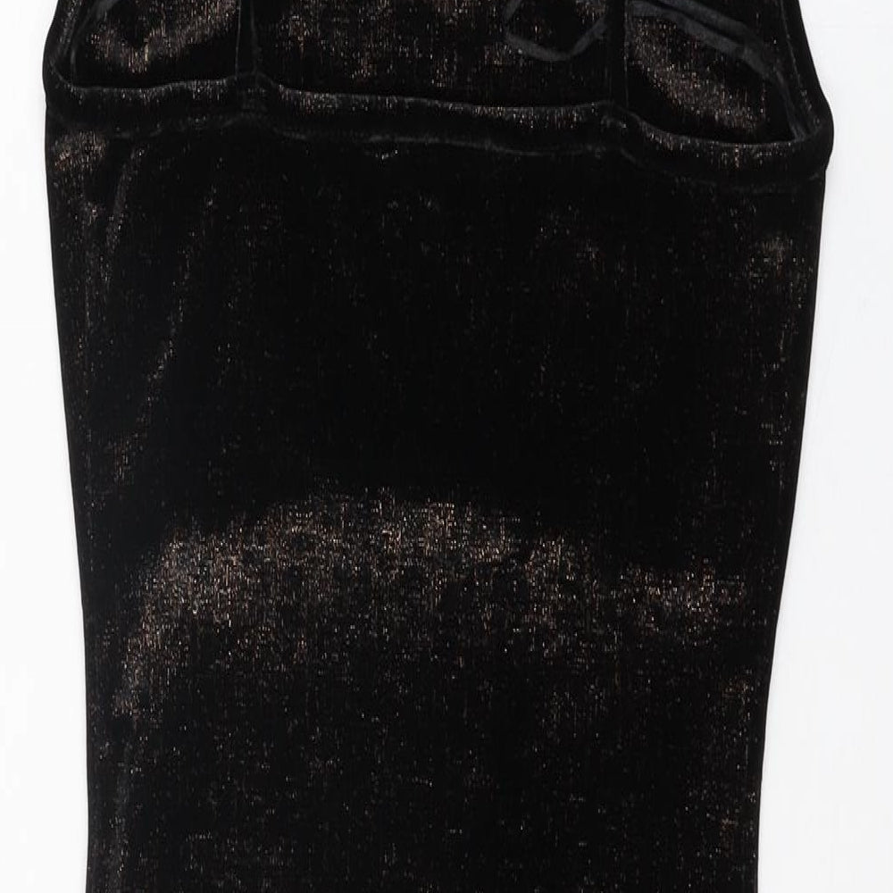 Brand and care label for Miss Selfridge women’s black polyester bodycon, size UK 6, square neck pullover