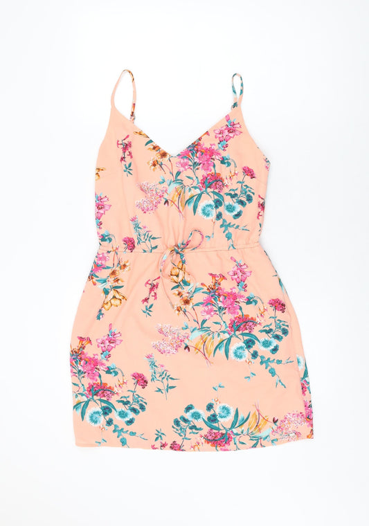 Tommy Jeans Womens Pink Floral Polyester Shift Size S V-Neck Drawstring