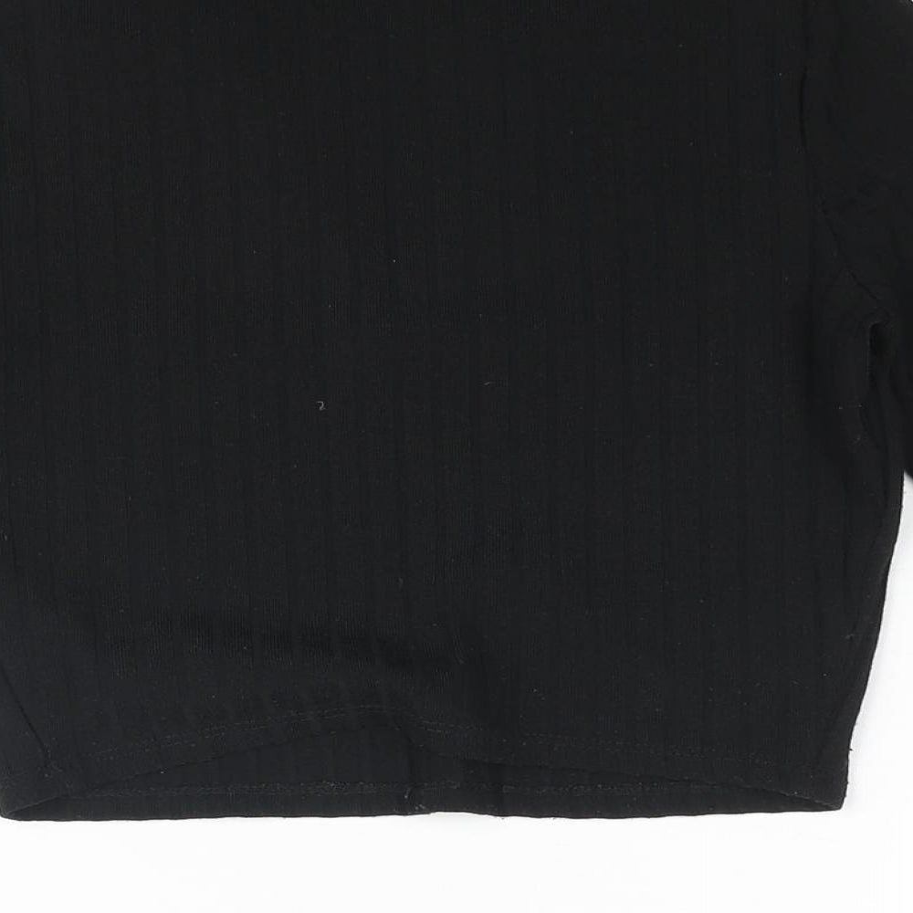 Brand and care label for Miss Selfridge women’s black polyester cropped blouse, size UK 10, collared - ribbed