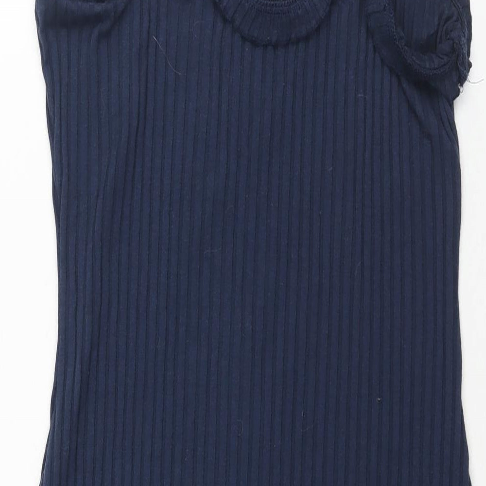 Brand and care label for ASOS women’s blue polyester shift, size UK 12, square neck pullover - ribbed button detail frill
