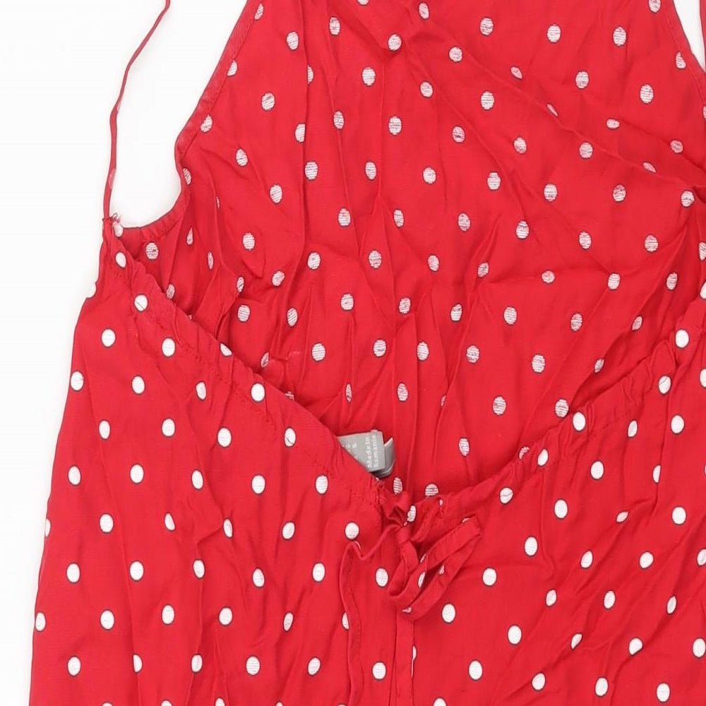 Brand and care label for ASOS women’s red polka dot viscose mini, size UK 10, square neck tie