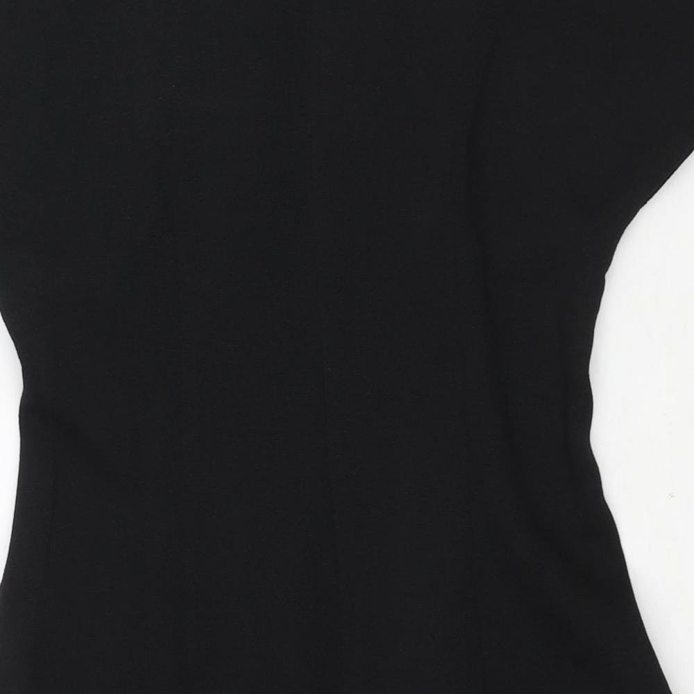 Brand and care label for ASOS women’s black polyester a-line, size UK 8, round neck zip - pleat detail