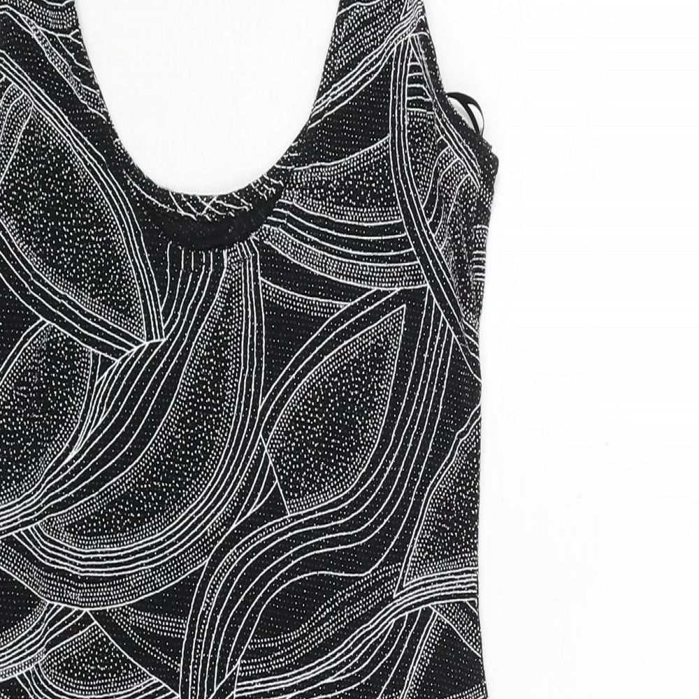 Brand and care label for Miss Selfridge women’s black geometric polyester mini, size UK 8, scoop neck pullover - glitter