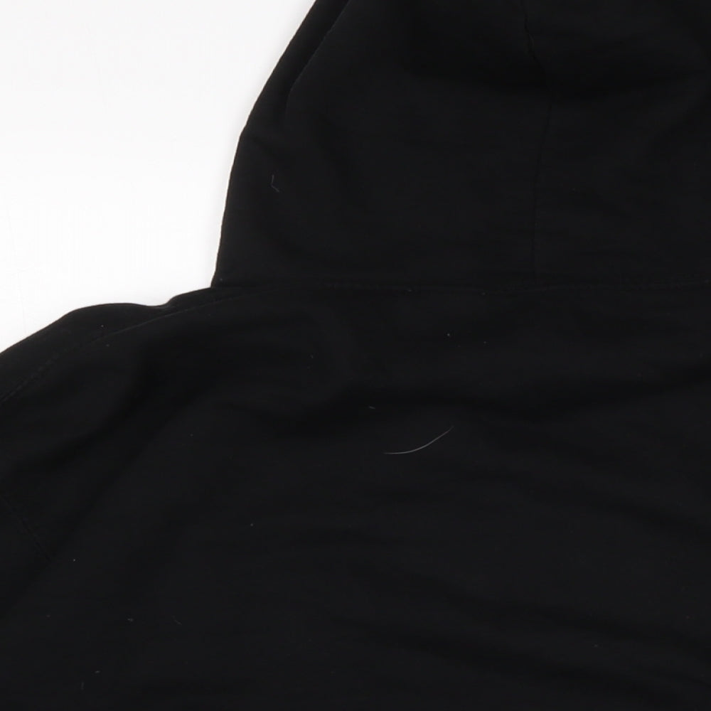 Brand and care label for Just Hoods men’s black cotton pullover sweatshirt, size L
