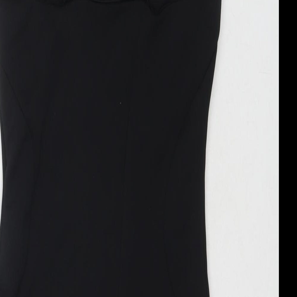 Brand and care label for Miss Selfridge women’s black polyester bodycon, size UK 8, round neck pullover