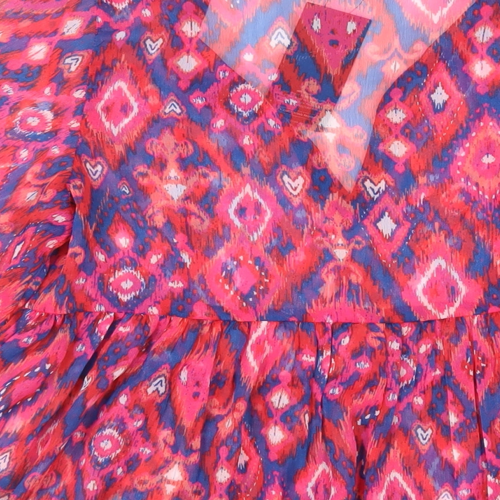 Brand and care label for Kaleidoscope women’s pink geometric polyester basic blouse, size UK 14, v-neck - sheer