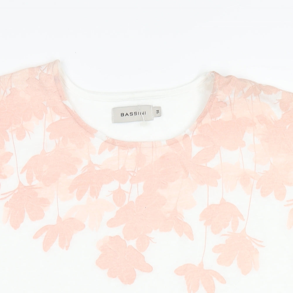 BASSINI Womens White Floral Polyester Basic T-Shirt Size 14 Round Neck