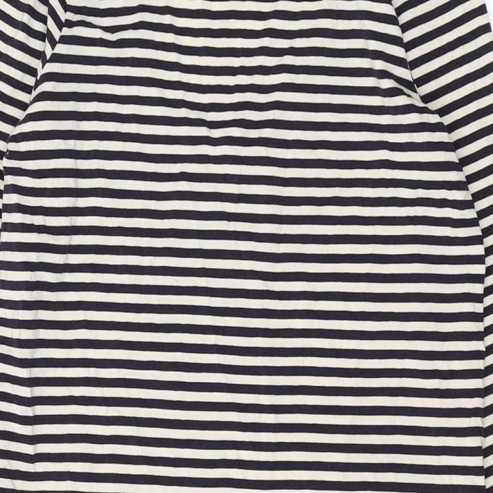 Brand and care label for French Connection women’s blue striped lyocell bodycon, size UK 12, scoop neck pullover