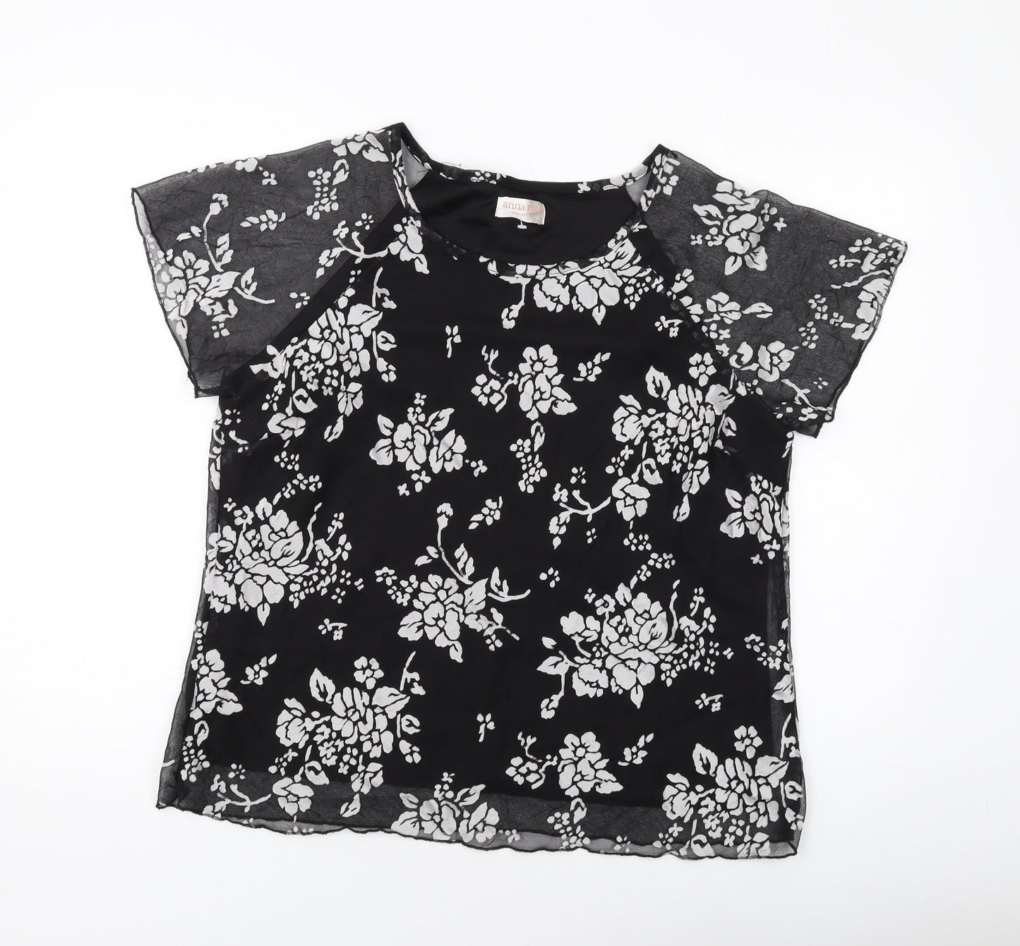 Anna Rose Womens Black Floral Polyester Basic T-Shirt Size 16 Round Neck