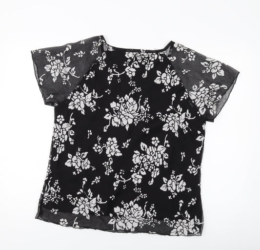 Anna Rose Womens Black Floral Polyester Basic T-Shirt Size 16 Round Neck