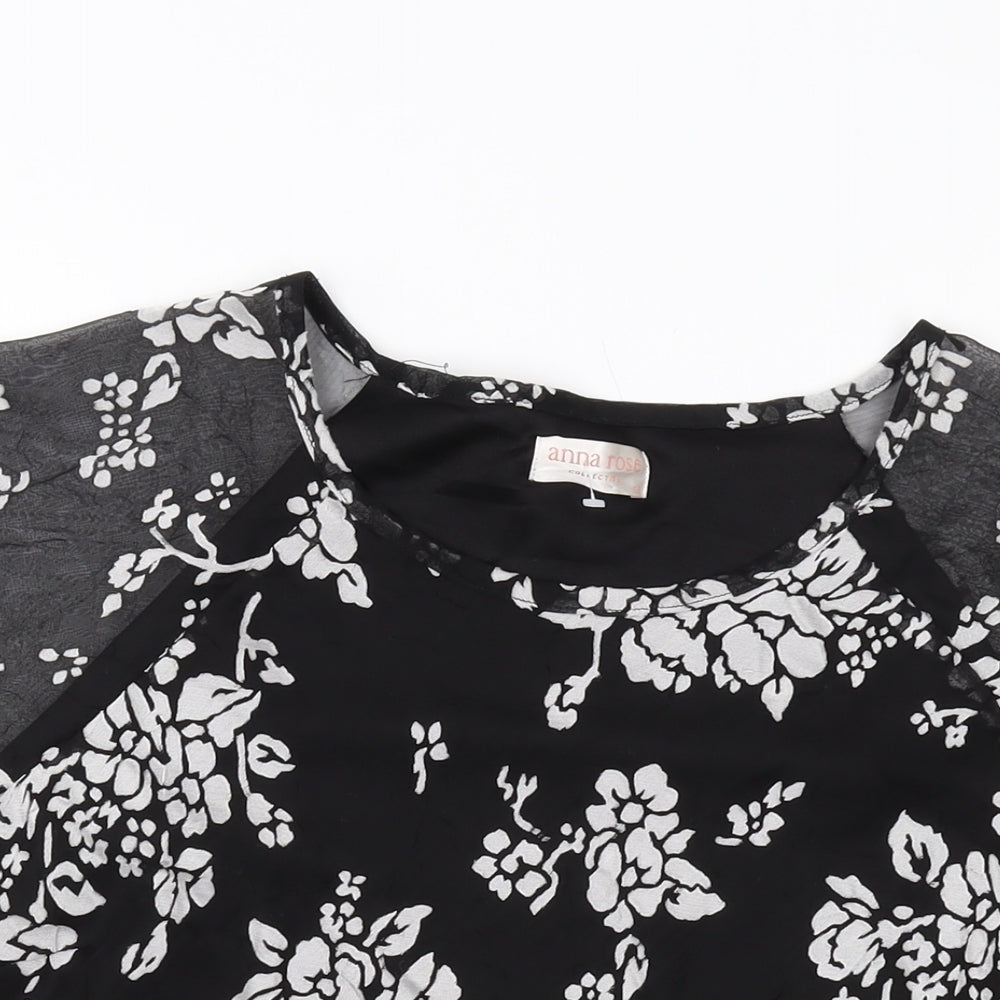 Anna Rose Womens Black Floral Polyester Basic T-Shirt Size 16 Round Neck
