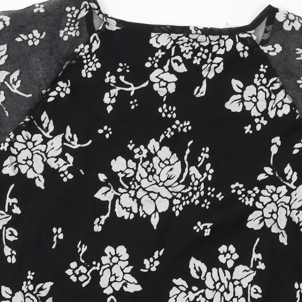 Anna Rose Womens Black Floral Polyester Basic T-Shirt Size 16 Round Neck
