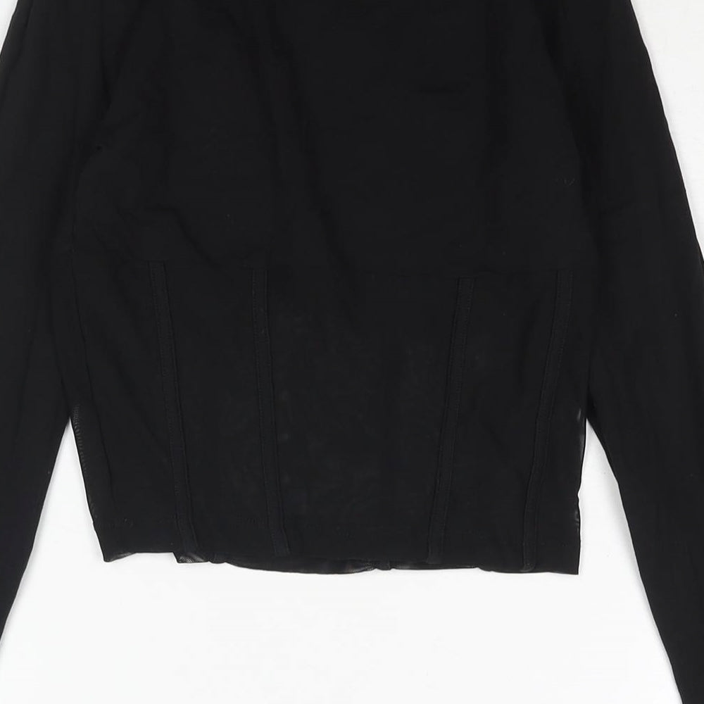 Brand and care label for ASOS women’s black polyester cropped blouse, size UK 8, round neck - corset style mesh panel