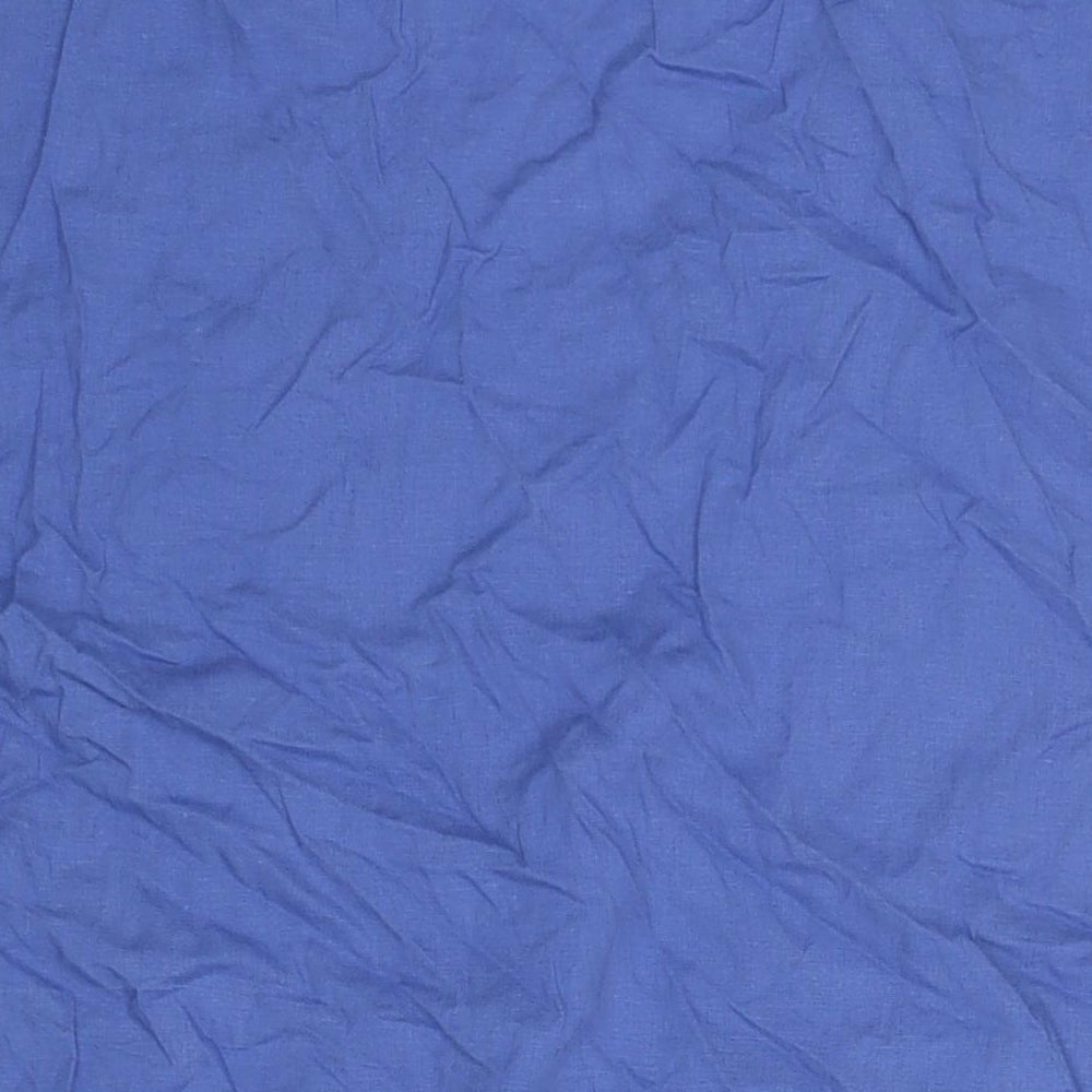 Brand and care label for ESPRIT women’s blue linen shift, size XL, v-neck button