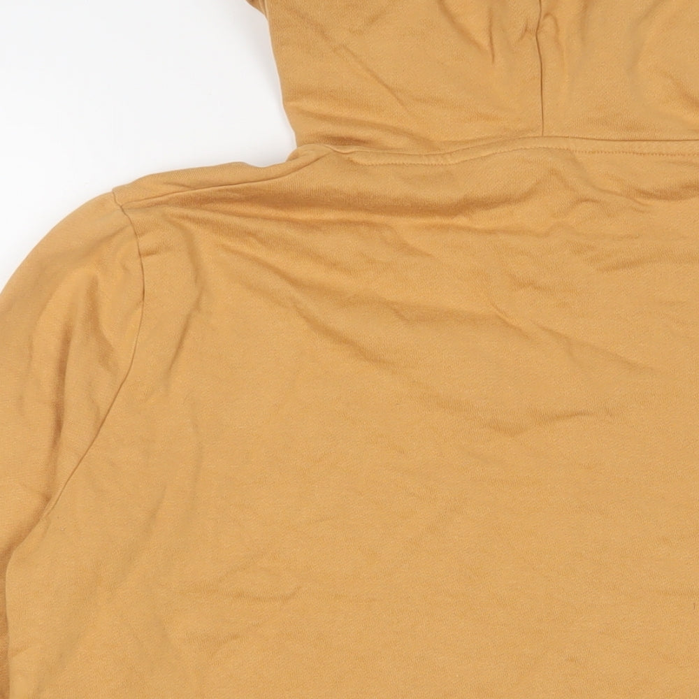 Brand and care label for ASOS men’s brown cotton pullover hoodie, size M