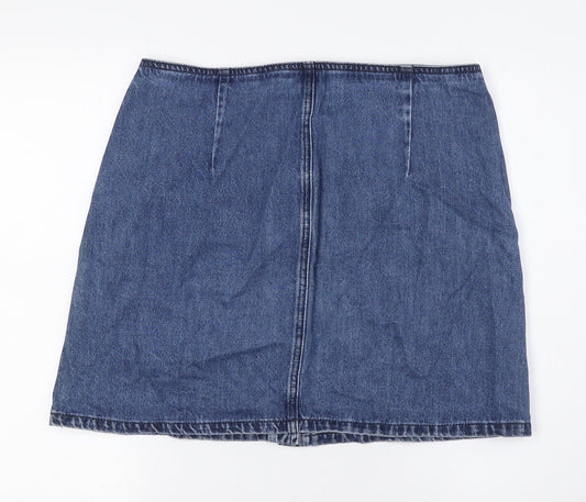 Warehouse Womens Blue Cotton A-Line Skirt Size 14 Button