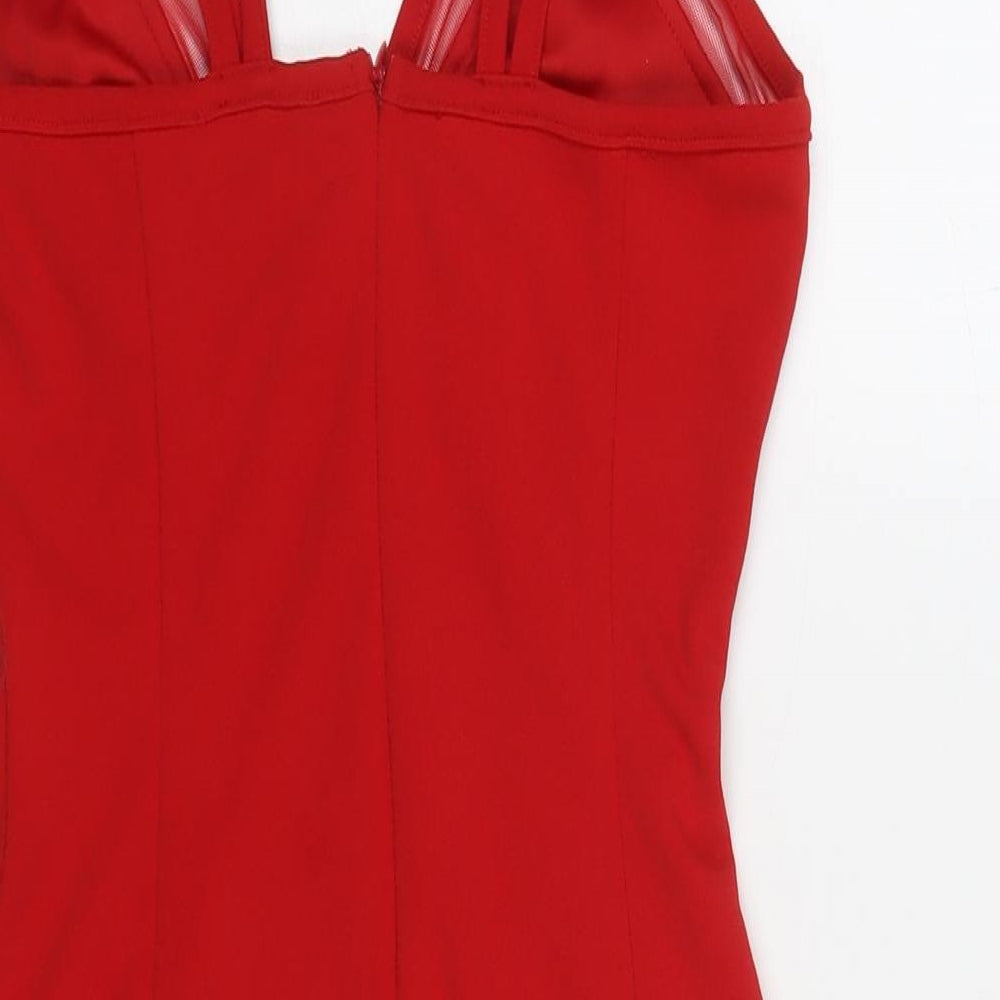 Brand and care label for Missguided women’s red polyester a-line, size UK 8, v-neck zip