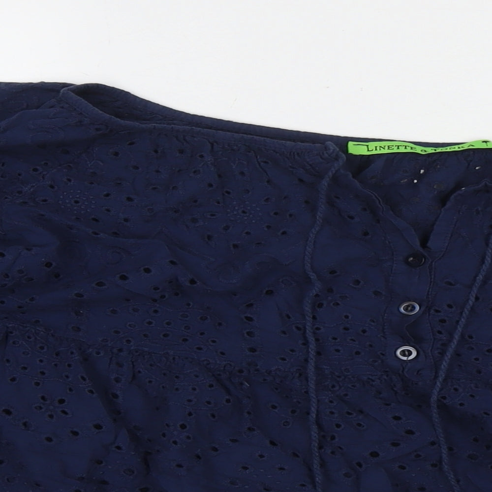 Linette & Tonka Womens Blue Cotton Basic Blouse Size 10 Round Neck - Embraided Detail