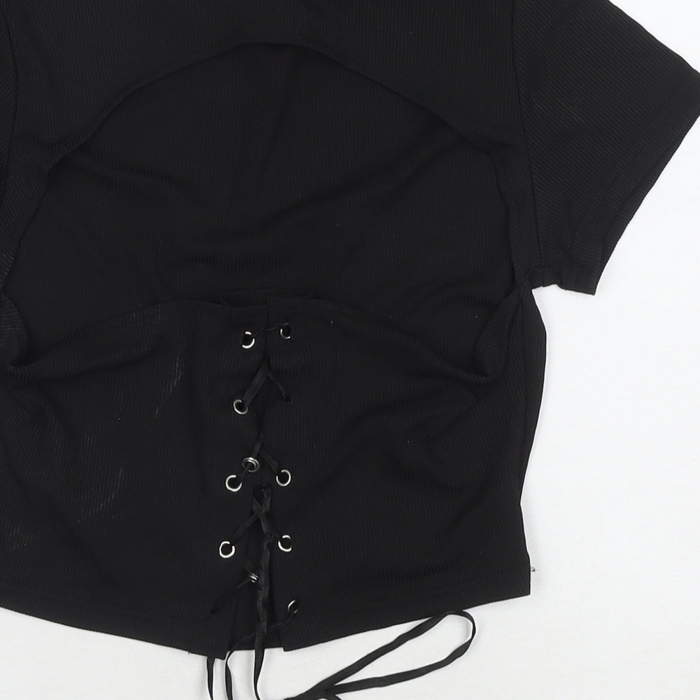 ROMWE Womens Black Polyester Basic T-Shirt Size L Round Neck - Cut Out Back Detail