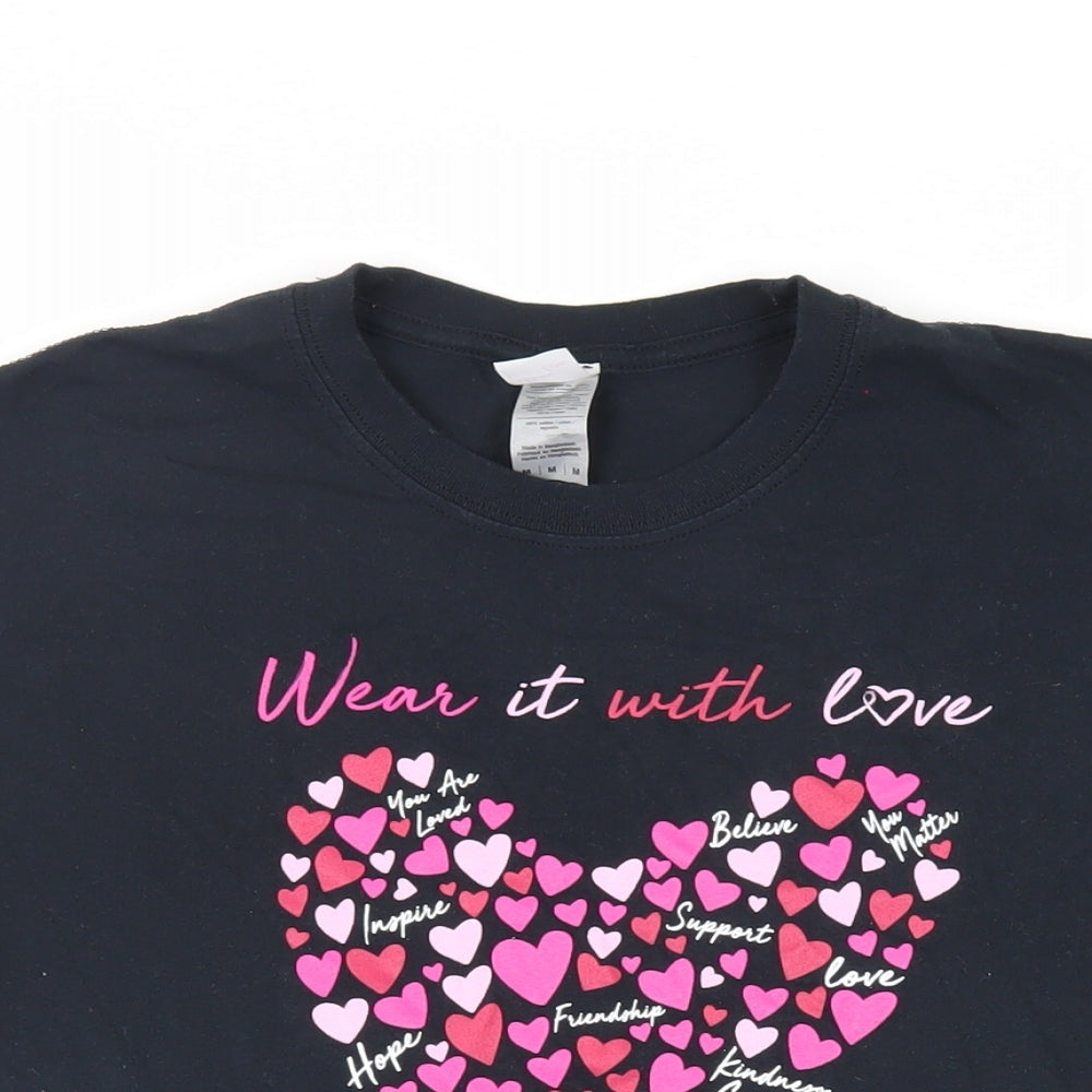 Wear With Love Womens Black Cotton Basic T-Shirt Size M Crew Neck - Love Heart