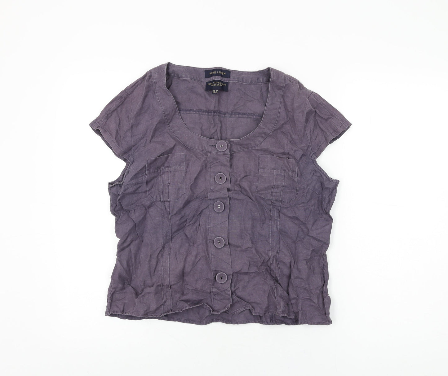 Paul Costelloe Womens Purple Linen Basic Button-Up Size 16 Scoop Neck