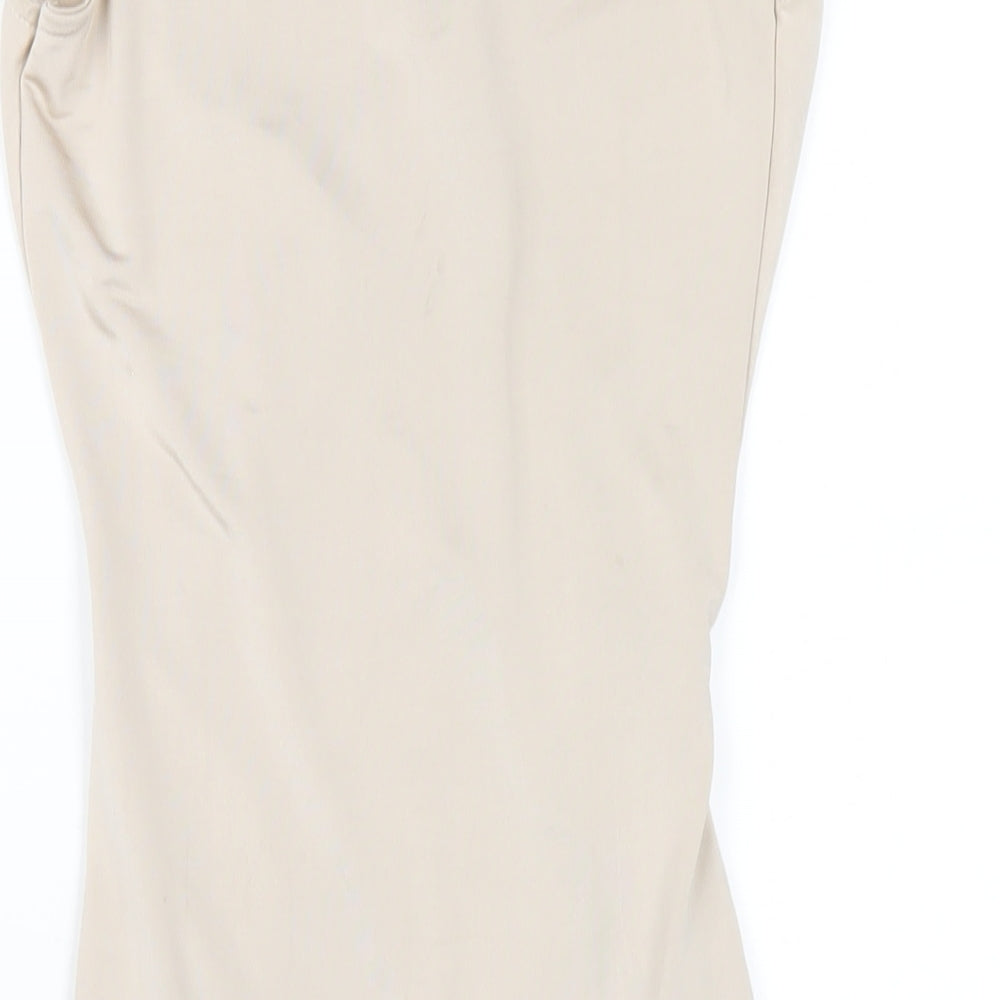 Brand and care label for Missguided women’s beige polyester bodycon, size UK 8, v-neck pullover