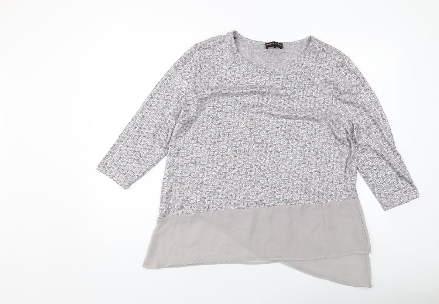 Anna Rose Womens Grey Floral Polyester Basic Blouse Size L Round Neck