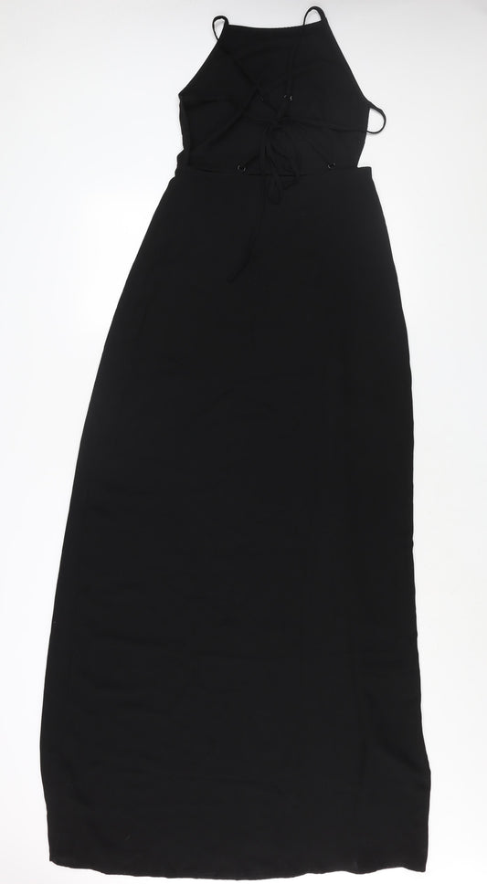 PRETTYLITTLETHING Womens Black Polyester Maxi Size 8 Square Neck Zip - Backless Tie