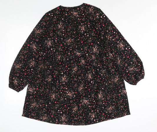 New Look Womens Black Floral Polyester Shift Size 10 V-Neck Button - Smocked