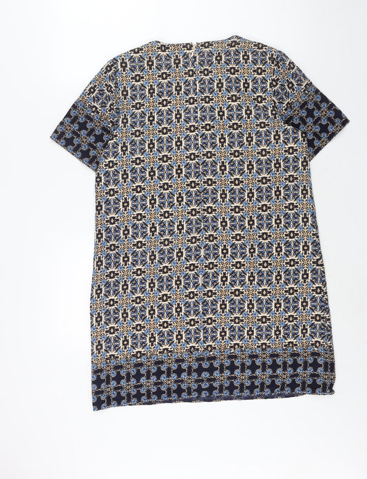 Voulez-Vous Womens Blue Geometric Polyester Shift Size 12 Round Neck Zip