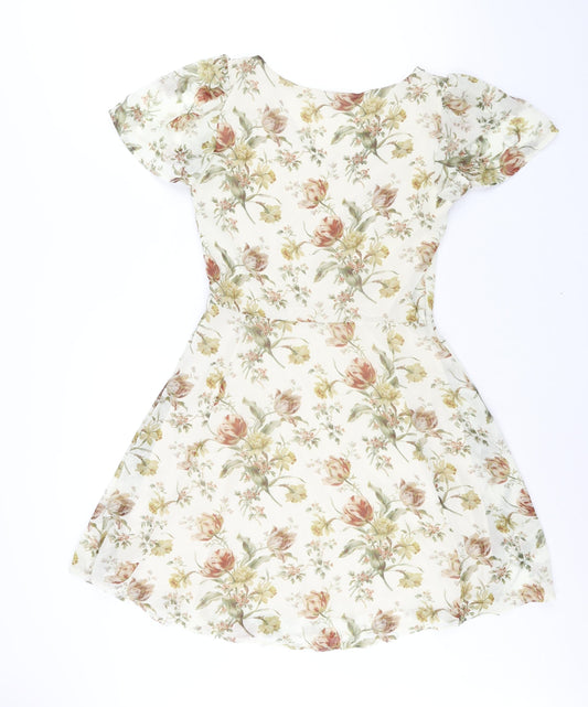 Marisa & Marie Womens Beige Floral Polyester A-Line Size S V-Neck Zip