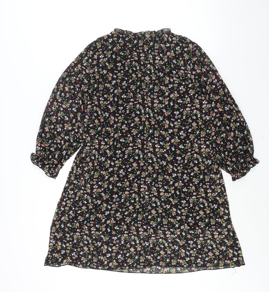 Zara Womens Black Floral Polyester A-Line Size M V-Neck Pullover - Frill