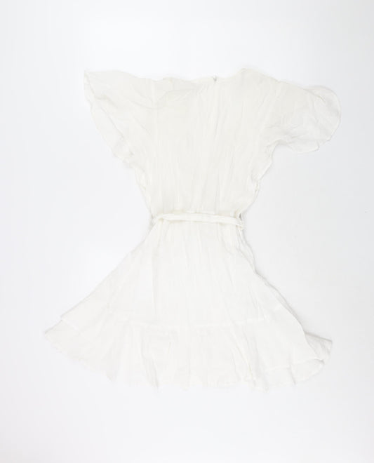 Bacio Womens White Viscose A-Line Size S V-Neck Zip - Frill Belted