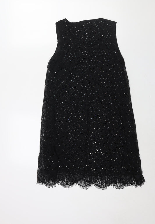 Yumi Womens Black Polyester Shift Size S Scoop Neck Pullover - Lace Chain Tassle