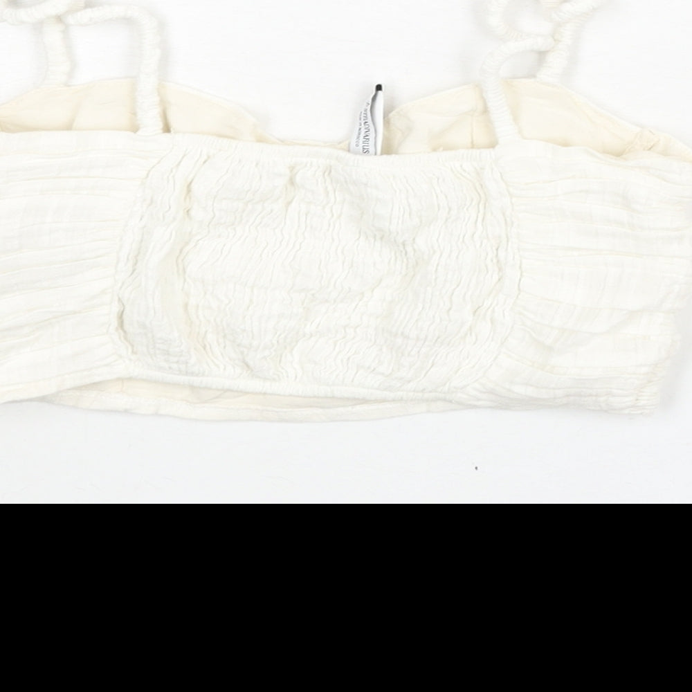 Stradivarius Womens White Cotton Cropped Blouse Size XS Sweetheart - Rouched