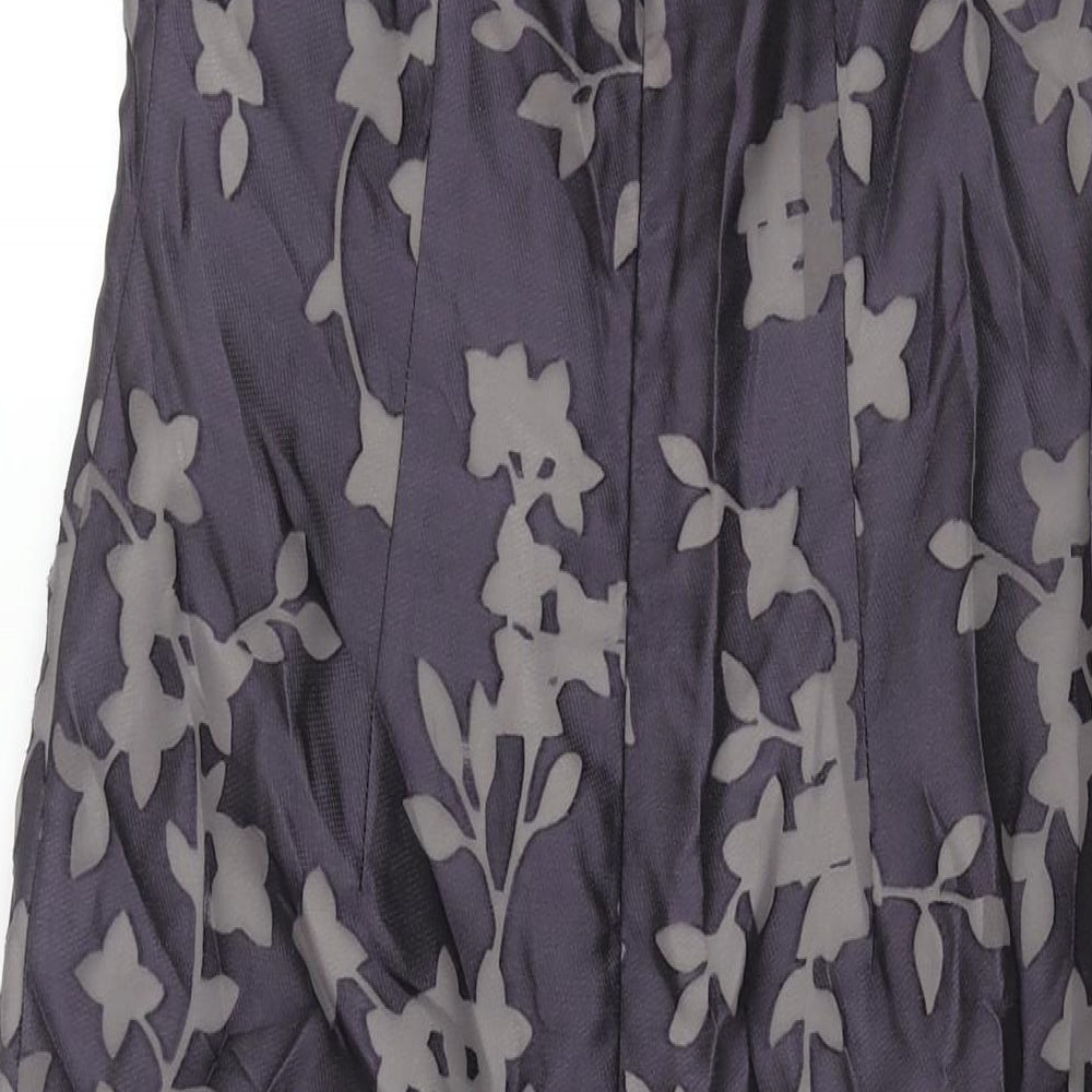 Brand and care label for Principles women’s purple floral polyester maxi, size UK 12, square neck zip - vented