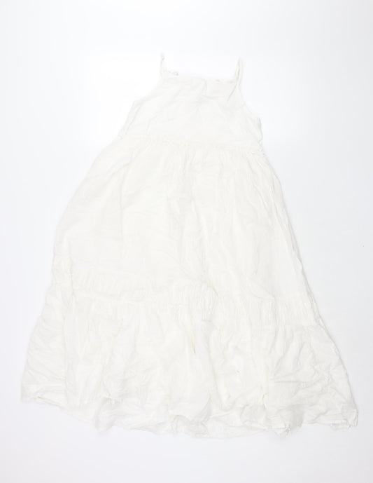 NEXT Girls White Cotton Shift Size 10 Years Square Neck Pullover - Pom Pom Embroidered