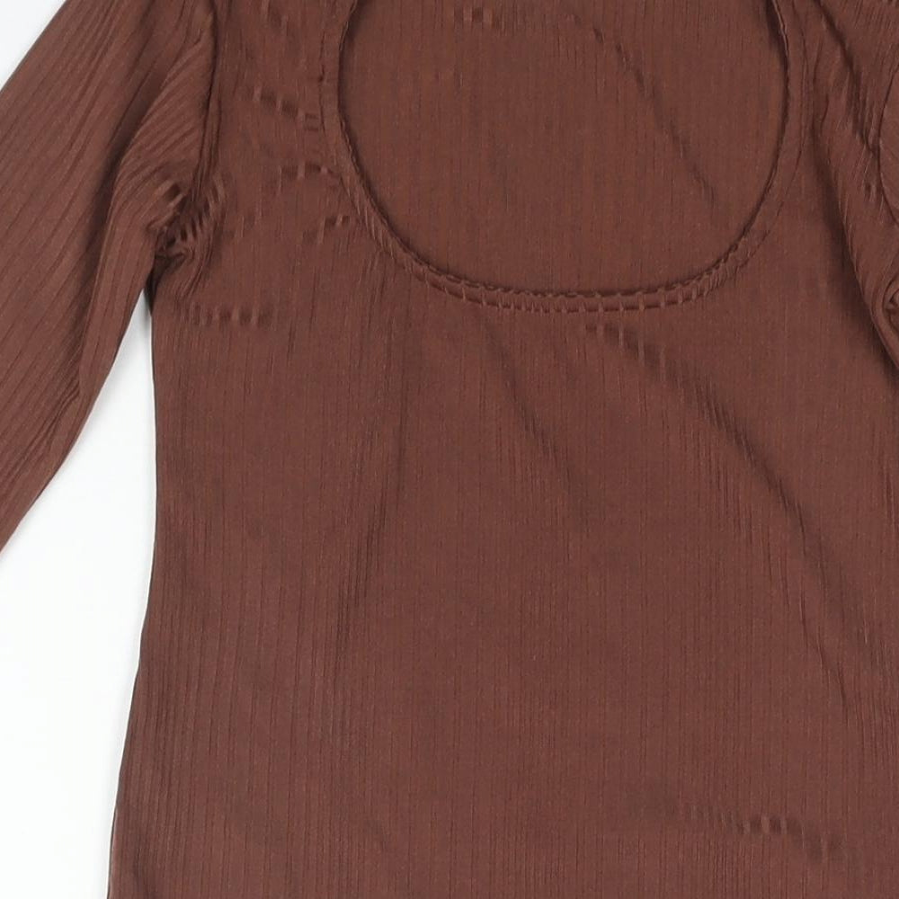 Stradivarius Womens Brown Polyester Basic Blouse Size S Round Neck - Buckle Cut Out
