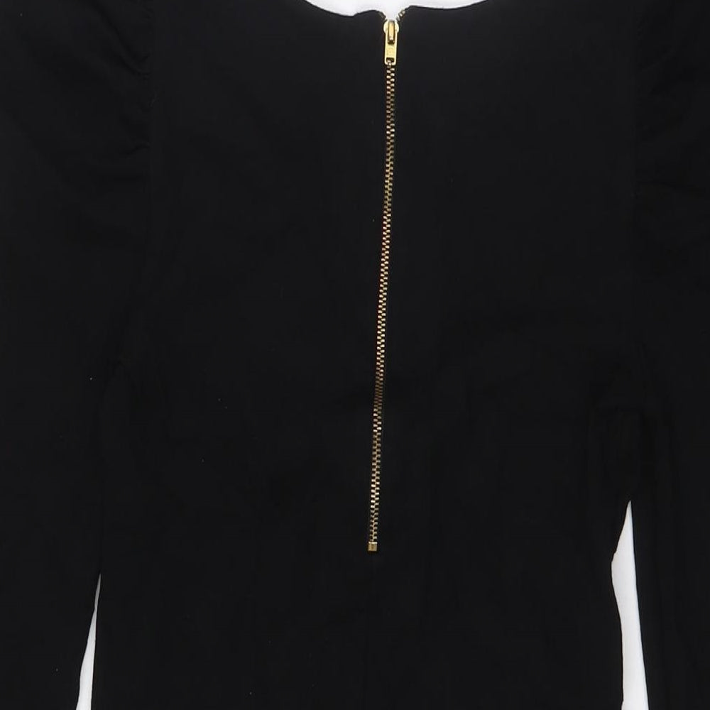 Brand and care label for French Connection women’s black viscose pencil dress, size UK 6, v-neck zip