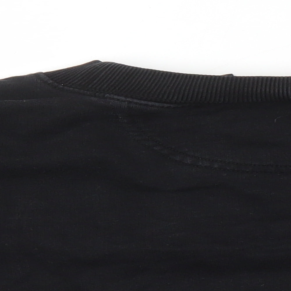 Brand and care label for ASOS women’s black cotton blend pullover sweatshirt, size UK 12