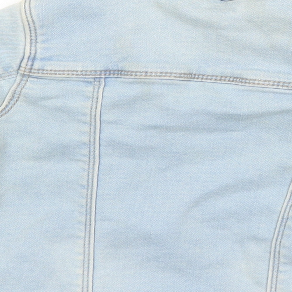 Brand and care label for Matalan girls’ blue jacket, size 2-3, years snap - distressed look